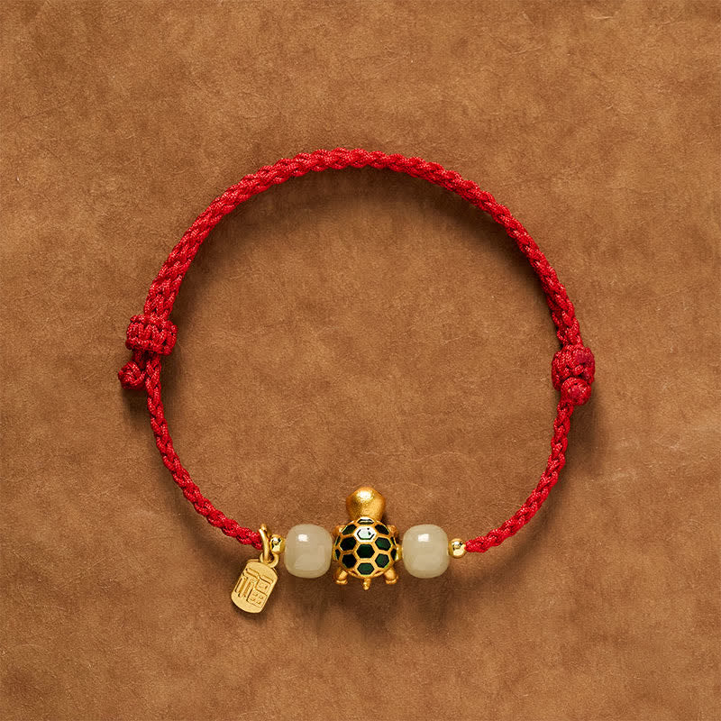 Buddha Stones Copper Turtle Hetian Jade Fu Character Luck Red String Bracelet - Red(Wrist Circumference: 5.5–7.1 in/14–18 cm) - image 0