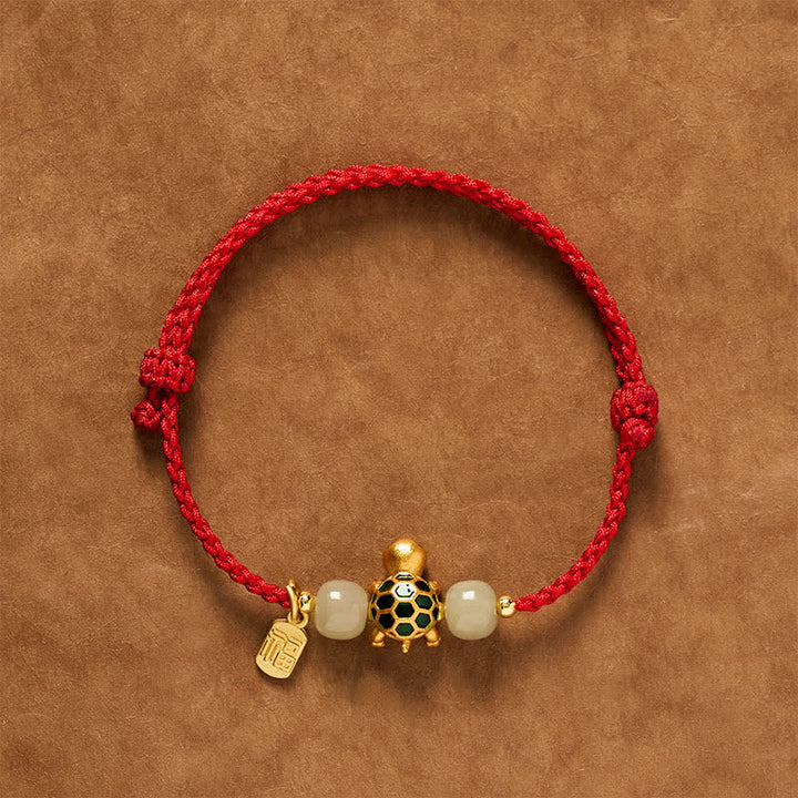 Buddha Stones Copper Turtle Hetian Jade Fu Character Luck Red String Bracelet - Red(Wrist Circumference: 5.5–7.1 in/14–18 cm) - image 0