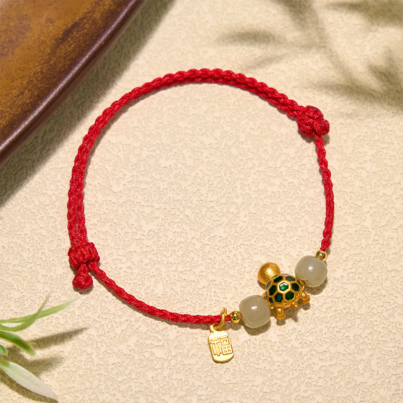 Buddha Stones Copper Turtle Hetian Jade Fu Character Luck Red String Bracelet - image 1