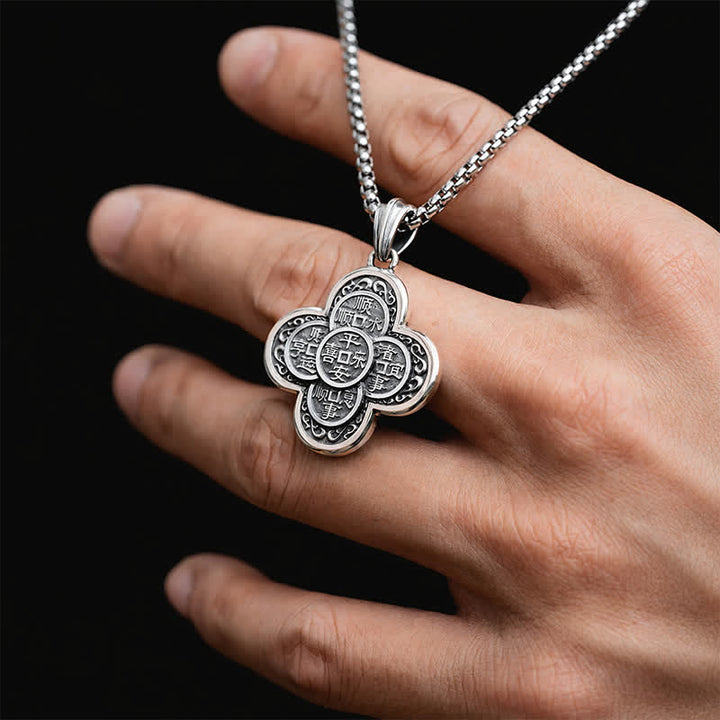 Buddha Stones Vintage Copper Five Emperor Coins Clover Design Wealth Amulet Necklace - image 2