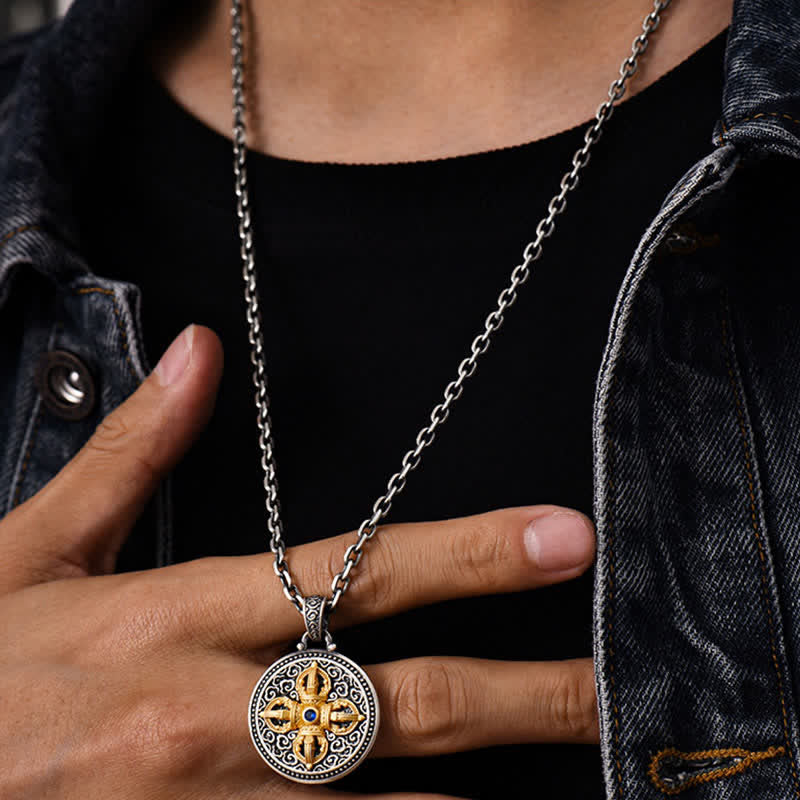 Buddha Stones Tibetan Copper Crossed Vajra Om Mani Padme Hum Wisdom Grounding Round Pendant Necklace - image 8