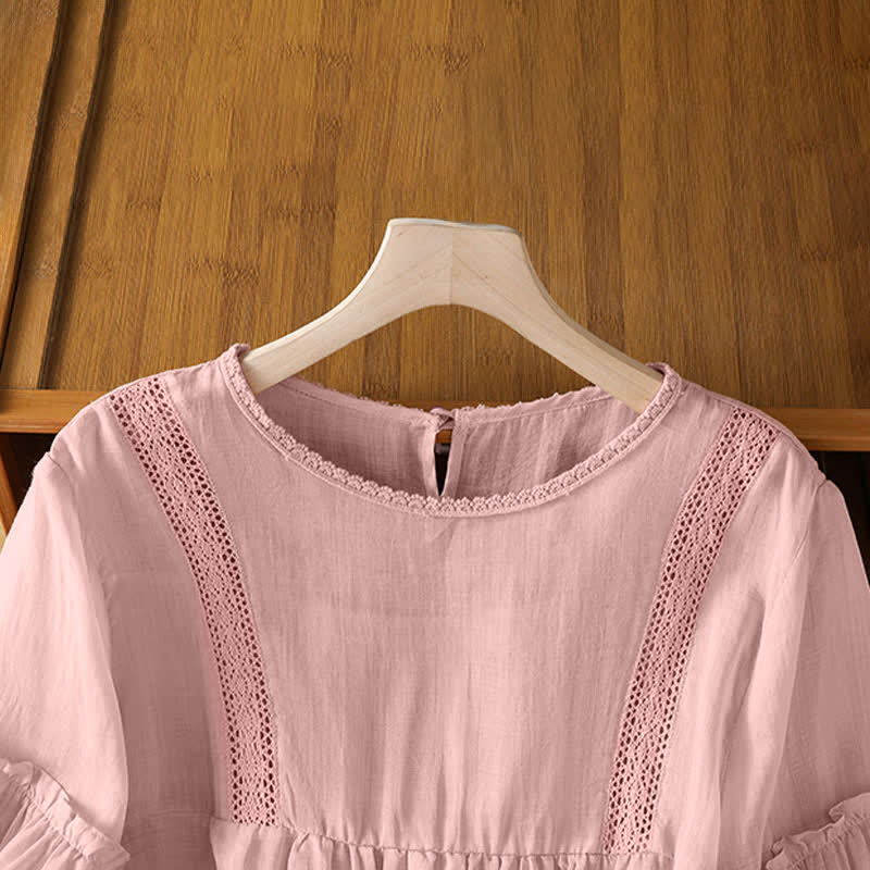 Buddha Stones Summer Casual Elegant Solid Crew Neck Lace Trim Women's Short Sleeve T-Shirts - image 3