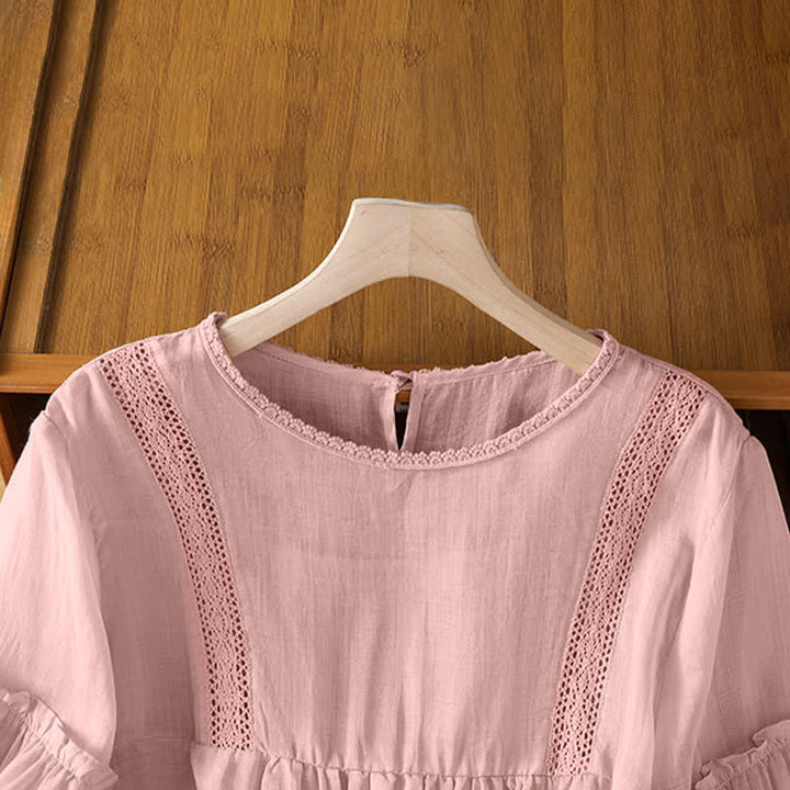 Buddha Stones Summer Casual Elegant Solid Crew Neck Lace Trim Women's Short Sleeve T-Shirts - image 3