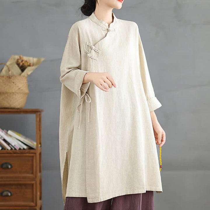 Buddha Stones Spring Fall Tang Style Vintage Mandarin Collar Frog Button Solid Women's Long Sleeve Shirts - image 7