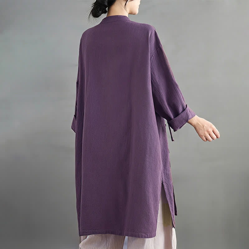 Buddha Stones Spring Fall Tang Style Vintage Mandarin Collar Frog Button Solid Women's Long Sleeve Shirts - image 3