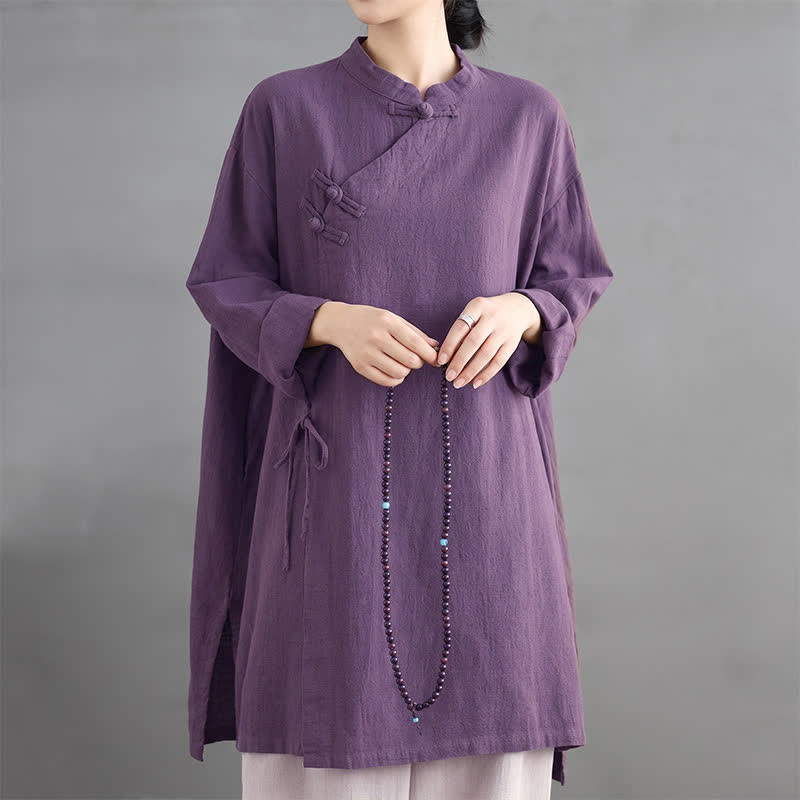 Buddha Stones Spring Fall Tang Style Vintage Mandarin Collar Frog Button Solid Women's Long Sleeve Shirts - image 5