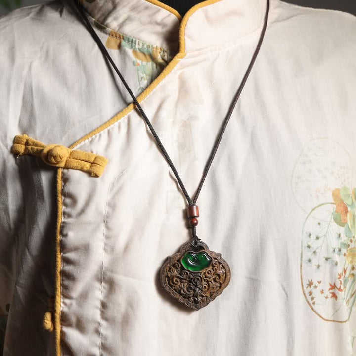 Buddha Stones Sappanwood Carved Green Agate Luck Lock of Good Wishes Necklace - image 5