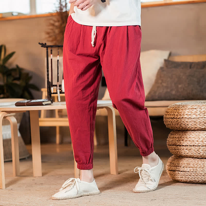 Buddha Stones Spring Summer Casual Minimalist Drawstring Solid Cropped Pants Men's Tapered Pants With Pocket - image 43