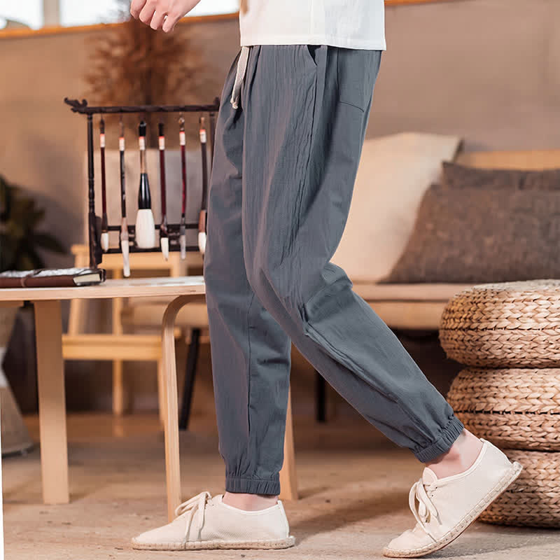 Buddha Stones Spring Summer Casual Minimalist Drawstring Solid Cropped Pants Men's Tapered Pants With Pocket - image 14
