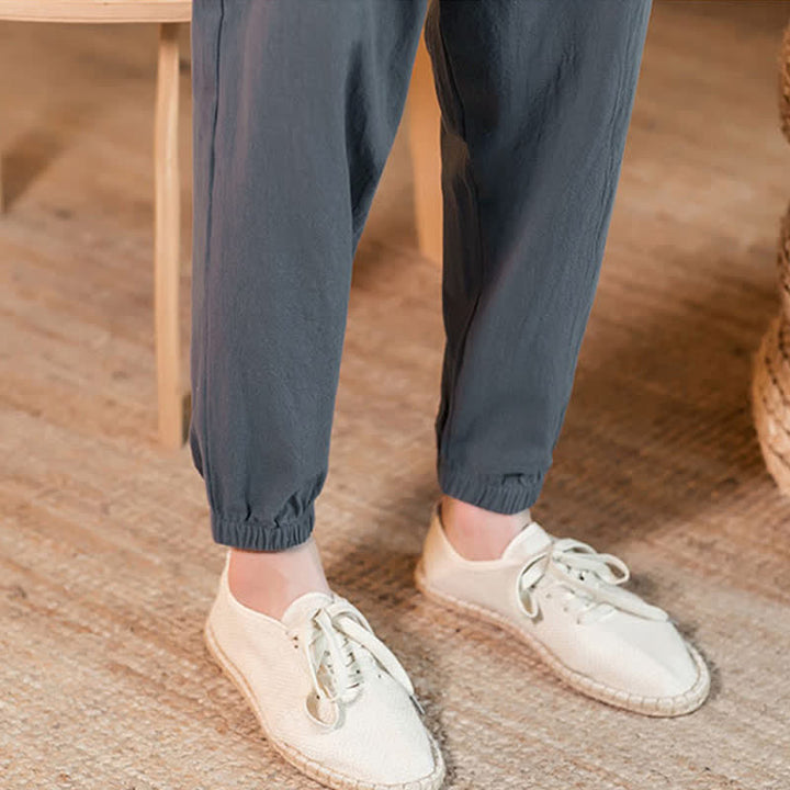 Buddha Stones Spring Summer Casual Minimalist Drawstring Solid Cropped Pants Men's Tapered Pants With Pocket - image 13