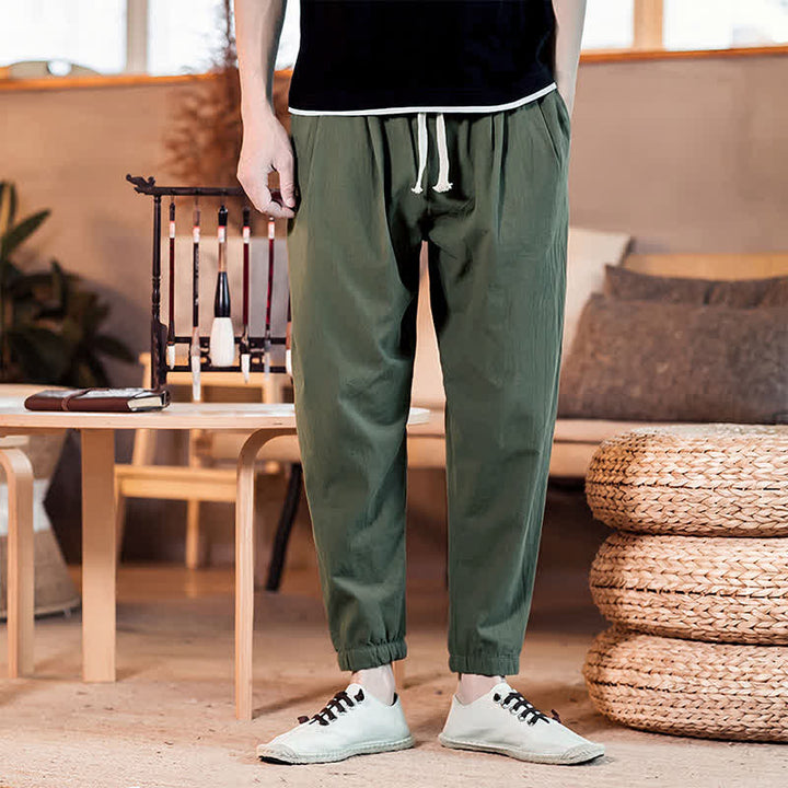Buddha Stones Spring Summer Casual Minimalist Drawstring Solid Cropped Pants Men's Tapered Pants With Pocket - image 39