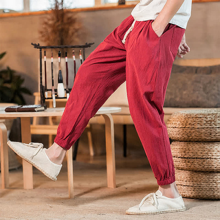 Buddha Stones Spring Summer Casual Minimalist Drawstring Solid Cropped Pants Men's Tapered Pants With Pocket - image 46