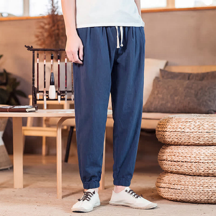 Buddha Stones Spring Summer Casual Minimalist Drawstring Solid Cropped Pants Men's Tapered Pants With Pocket - image 1
