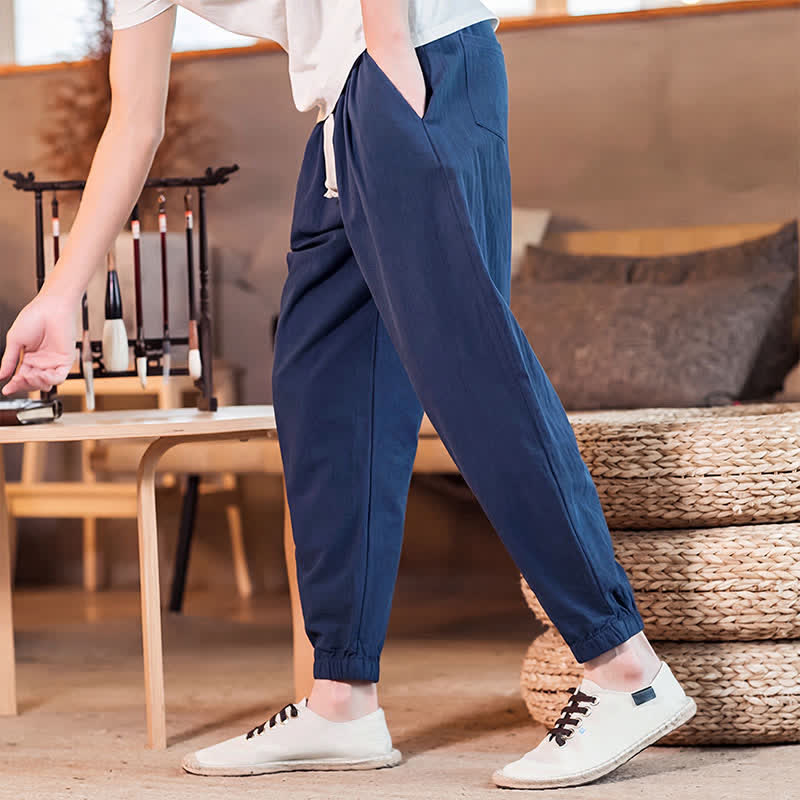 Buddha Stones Spring Summer Casual Minimalist Drawstring Solid Cropped Pants Men's Tapered Pants With Pocket - image 5
