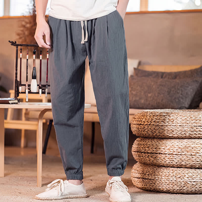 Buddha Stones Spring Summer Casual Minimalist Drawstring Solid Cropped Pants Men's Tapered Pants With Pocket - image 11