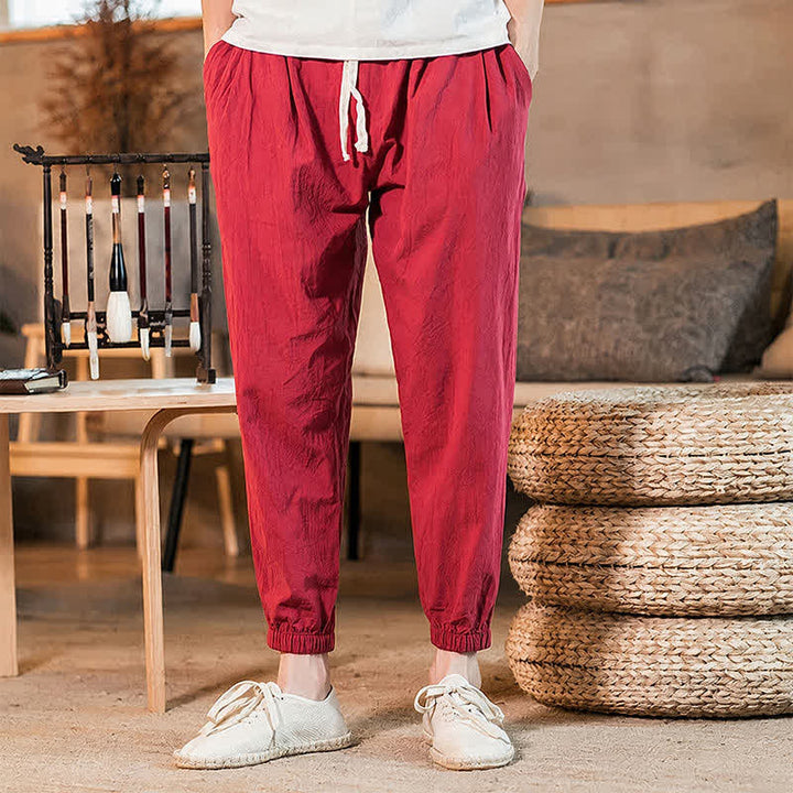 Buddha Stones Spring Summer Casual Minimalist Drawstring Solid Cropped Pants Men's Tapered Pants With Pocket - image 47