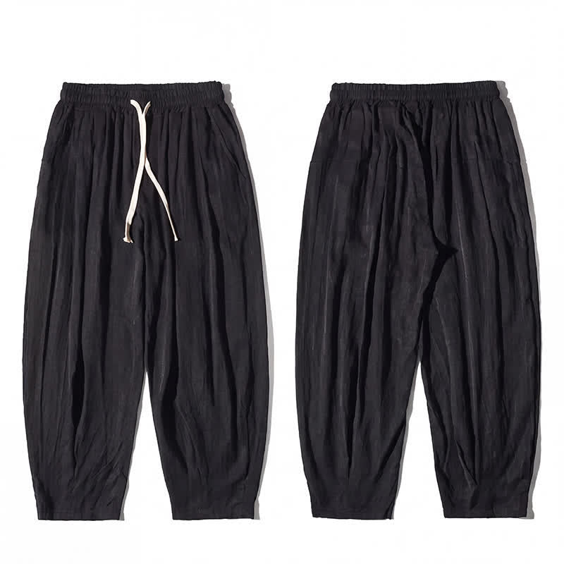 Buddha Stones Summer Casual Drawstring Solid Cropped Pants Men's Straight Leg Pants With Pocket - image 10