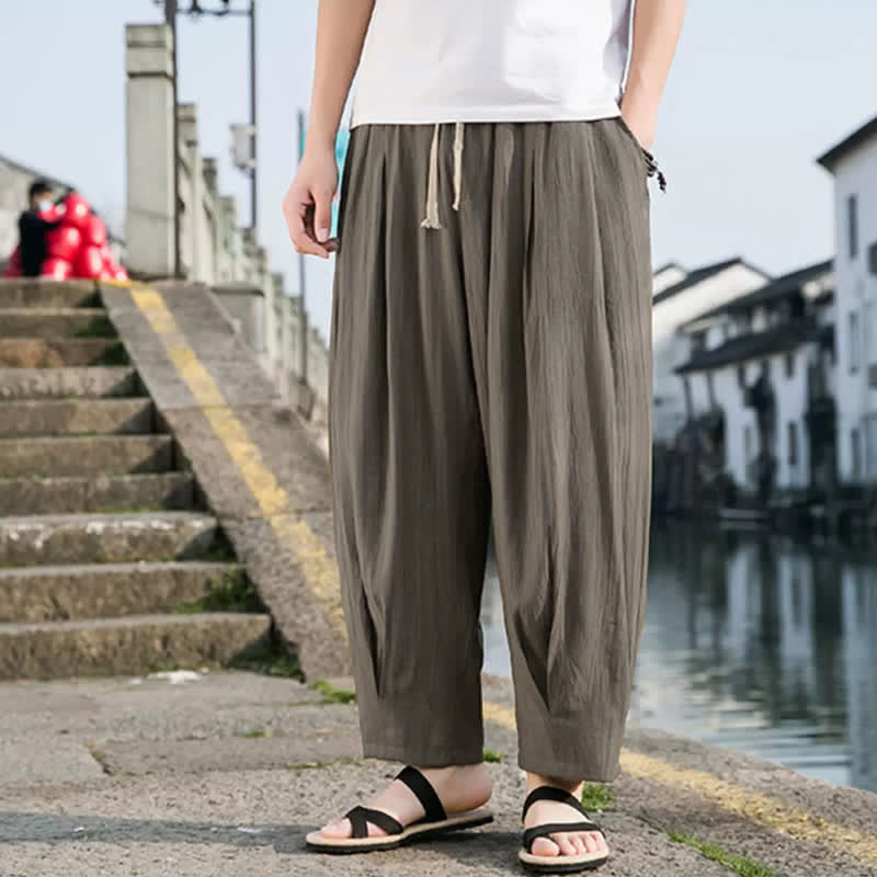 Buddha Stones Summer Casual Drawstring Solid Cropped Pants Men's Straight Leg Pants With Pocket - image 2