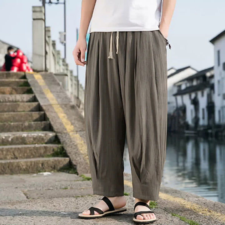 Buddha Stones Summer Casual Drawstring Solid Cropped Pants Men's Straight Leg Pants With Pocket - image 2