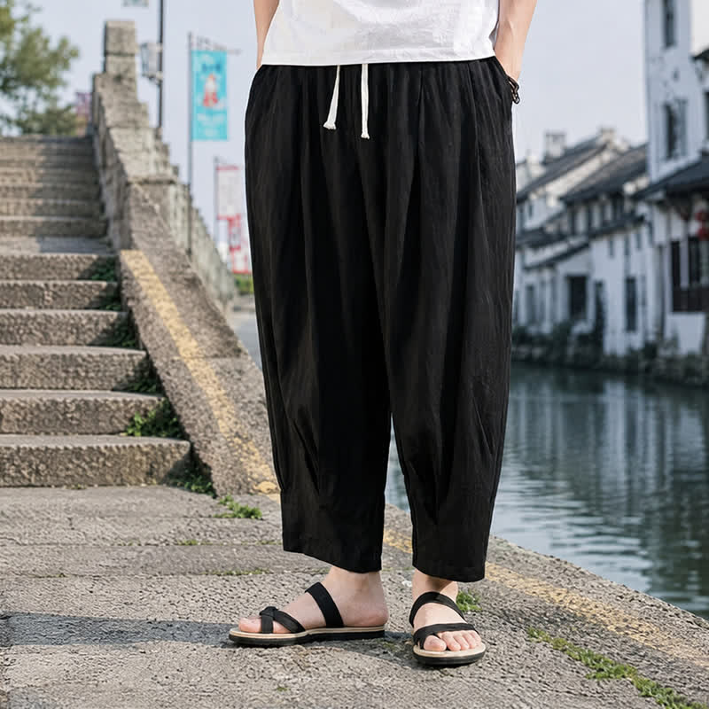 Buddha Stones Summer Casual Drawstring Solid Cropped Pants Men's Straight Leg Pants With Pocket - image 9