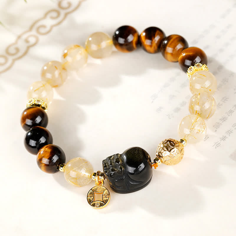 Buddha Stones Feng Shui Tiger Eye Pi Xiu Golden Rutilated Quartz Wealth Beaded Bracelet - image 1