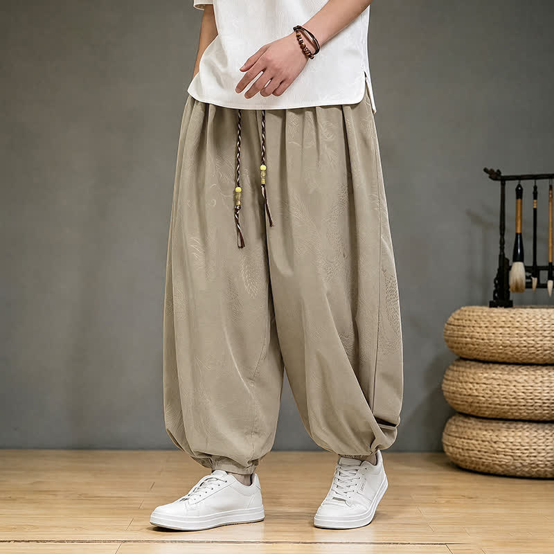 Buddha Stones Spring Summer Casual Tang Style Drawstring Dragon Cropped Pants Men's Harem Pants With Pocket - image 6