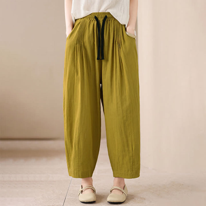 Buddha Stones Spring Summer Casual Minimalist Drawstring Solid Cropped Pants Women's Harem Pants With Pocket - image 1