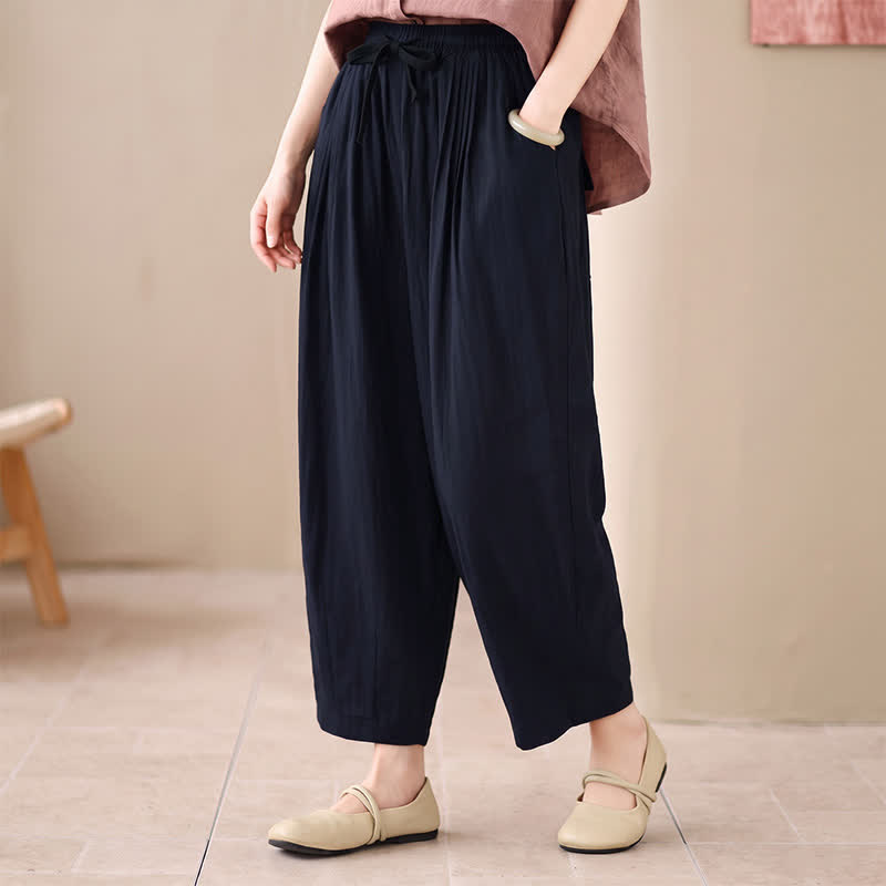 Buddha Stones Spring Summer Casual Minimalist Drawstring Solid Cropped Pants Women's Harem Pants With Pocket - Navy - US4-6, UK/AU8-10, EU36-38 (F) - image 4
