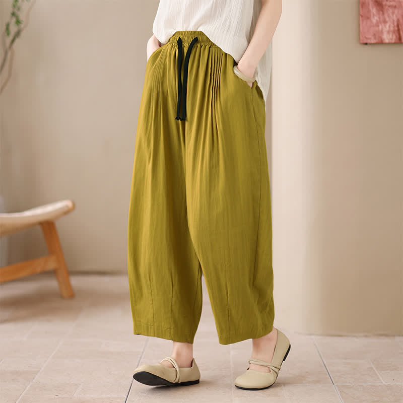 Buddha Stones Spring Summer Casual Minimalist Drawstring Solid Cropped Pants Women's Harem Pants With Pocket - Goldenrod - US4-6, UK/AU8-10, EU36-38 (F) - image 0