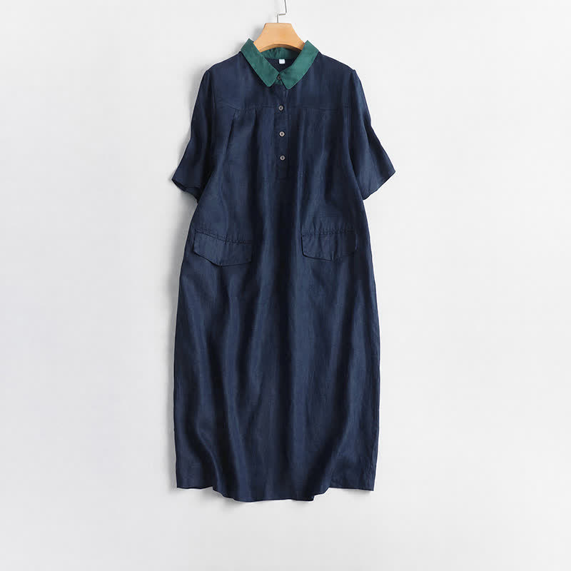 Buddha Stones Spring Summer Casual Minimalist Button-Up Solid Women's Short Sleeve Dress With Pocket - Navy - US12, UK/AU16, EU44 (2XL) - image 11