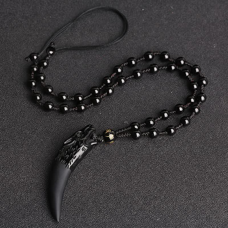 Buddha Stones Natural Ice Obsidian Wolf Tooth Pattern Courage Necklace Pendant - 63*14mm Ice Obsidian&Black Bead Chain - image 1