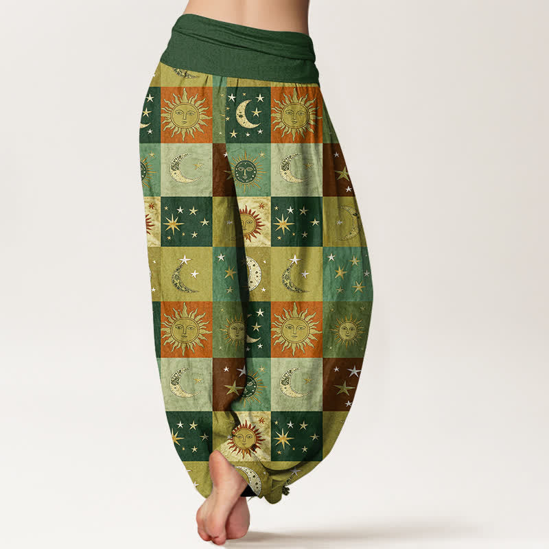 Buddha Stones Cotton Sun Moon Patchwork Pattern Women's Elastic Waist Harem Pants - image 10