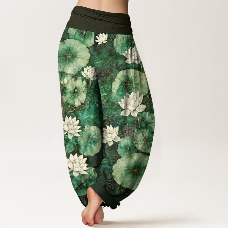 Buddha Stones Cotton Lotus Pond Pattern Women's Elastic Waist Harem Pants - image 2