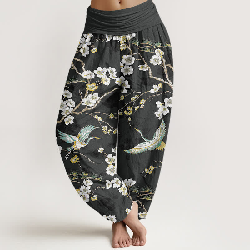 Buddha Stones Cotton White Blossom Crane Pattern Women's Elastic Waist Harem Pants - Black - US16，UK/AU20，EU48 (3XL) - image 8