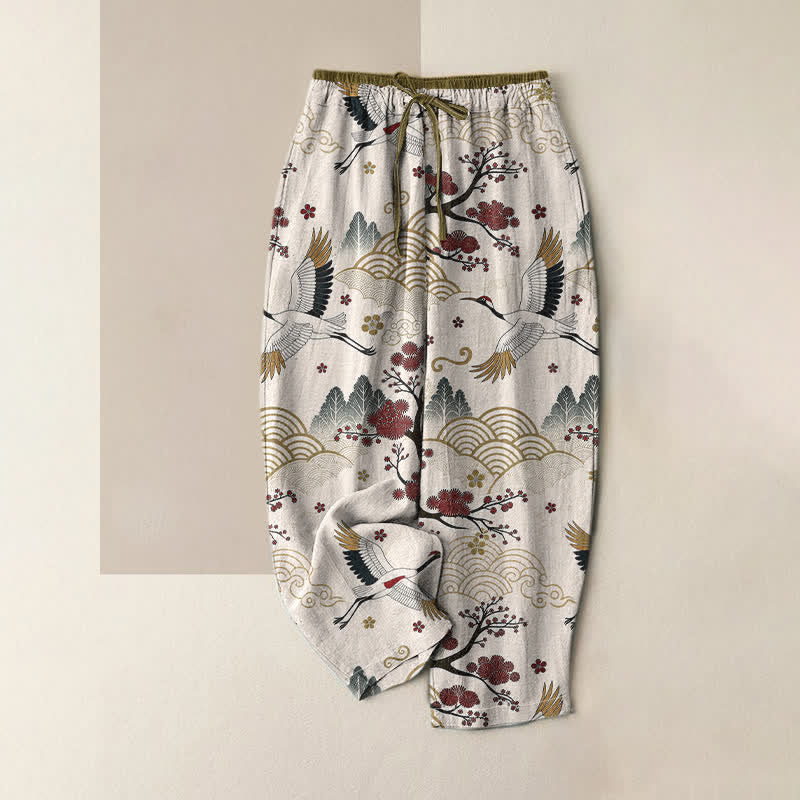 Buddha Stones Pure Cotton Graceful Crane and Plum Blossom Pattern Women's Elastic Waist Pants With Pockets - Ivory - US16，UK/AU20，EU48 (3XL) - image 0
