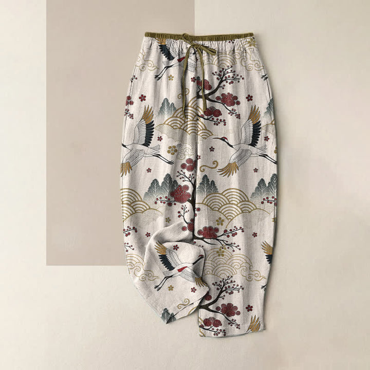 Buddha Stones Pure Cotton Graceful Crane and Plum Blossom Pattern Women's Elastic Waist Pants With Pockets - Ivory - US16，UK/AU20，EU48 (3XL) - image 0