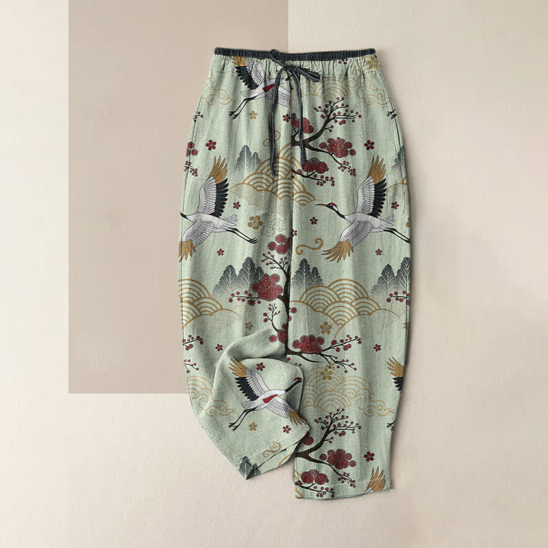 Buddha Stones Pure Cotton Graceful Crane and Plum Blossom Pattern Women's Elastic Waist Pants With Pockets - PaleGreen - US16，UK/AU20，EU48 (3XL) - image 3