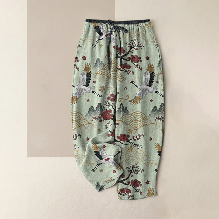 Buddha Stones Pure Cotton Graceful Crane and Plum Blossom Pattern Women's Elastic Waist Pants With Pockets - PaleGreen - US16，UK/AU20，EU48 (3XL) - image 3
