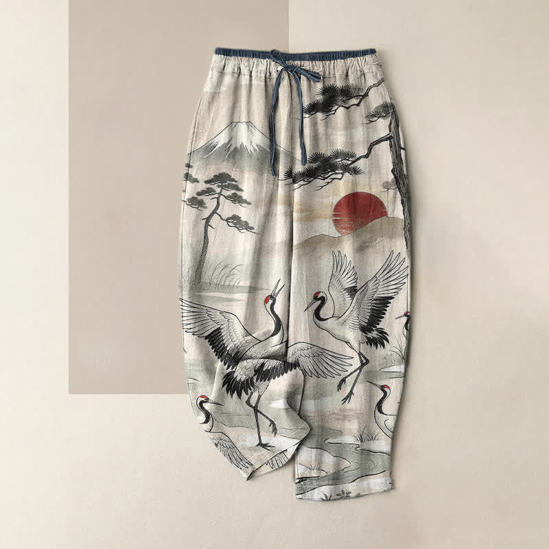 Buddha Stones Pure Cotton Crane Landscape Pattern Women's Elastic Waist Pants With Pockets - Ivory - US16，UK/AU20，EU48 (3XL) - image 0