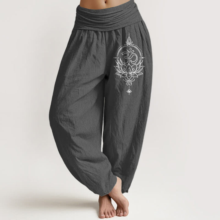 Buddha Stones Pure Cotton Lotus Om Mandala Pattern Women's Elastic Waist Harem Pants - DimGray - US16，UK/AU20，EU48 (3XL) - image 8