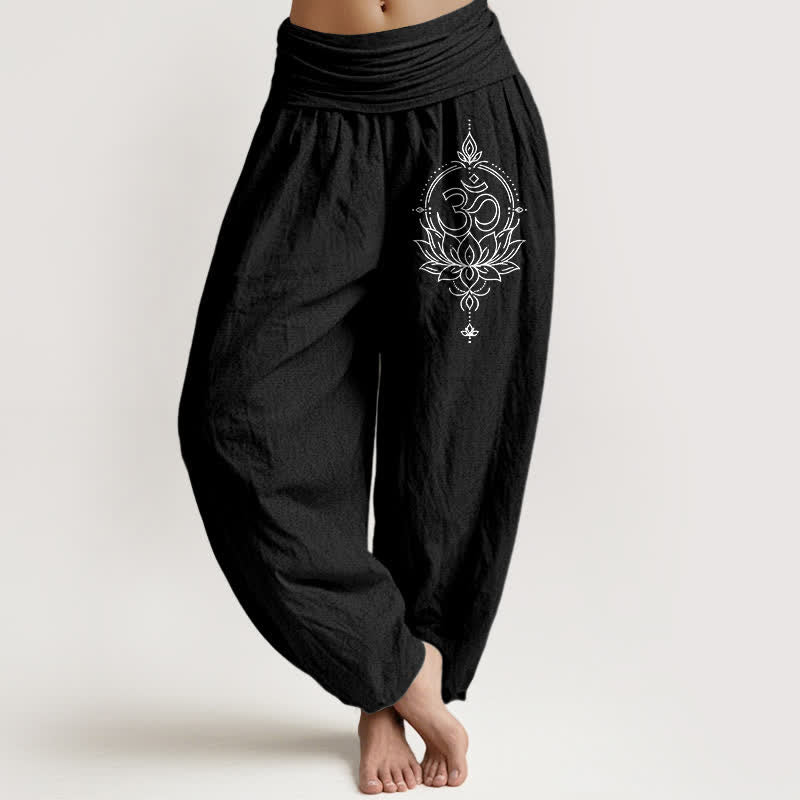 Buddha Stones Pure Cotton Lotus Om Mandala Pattern Women's Elastic Waist Harem Pants - Black - US16，UK/AU20，EU48 (3XL) - image 5