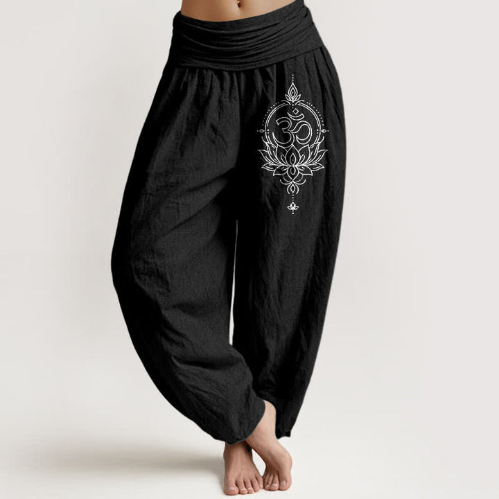 Buddha Stones Pure Cotton Lotus Om Mandala Pattern Women's Elastic Waist Harem Pants - Black - US16，UK/AU20，EU48 (3XL) - image 5