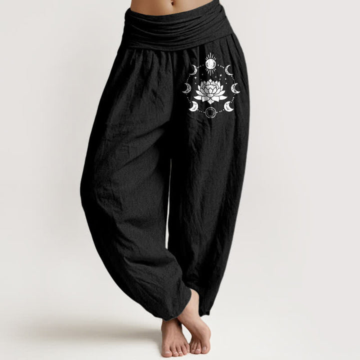 Buddha Stones Pure Cotton Lotus Moon Phases Pattern Women's Elastic Waist Harem Pants - Black - US16，UK/AU20，EU48 (3XL) - image 5