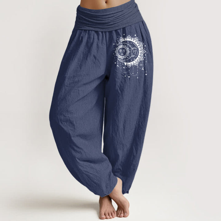 Buddha Stones Pure Cotton Celestial Sun Moon Pattern Women's Elastic Waist Harem Pants - DarkSlateBlue - US16，UK/AU20，EU48 (3XL) - image 8