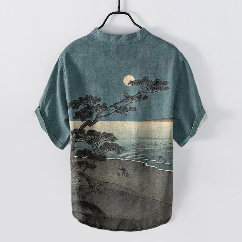 Buddha Stones Cotton Moonlit Coast Pine Pattern Men's Short Sleeve Half Button Shirt - image 1