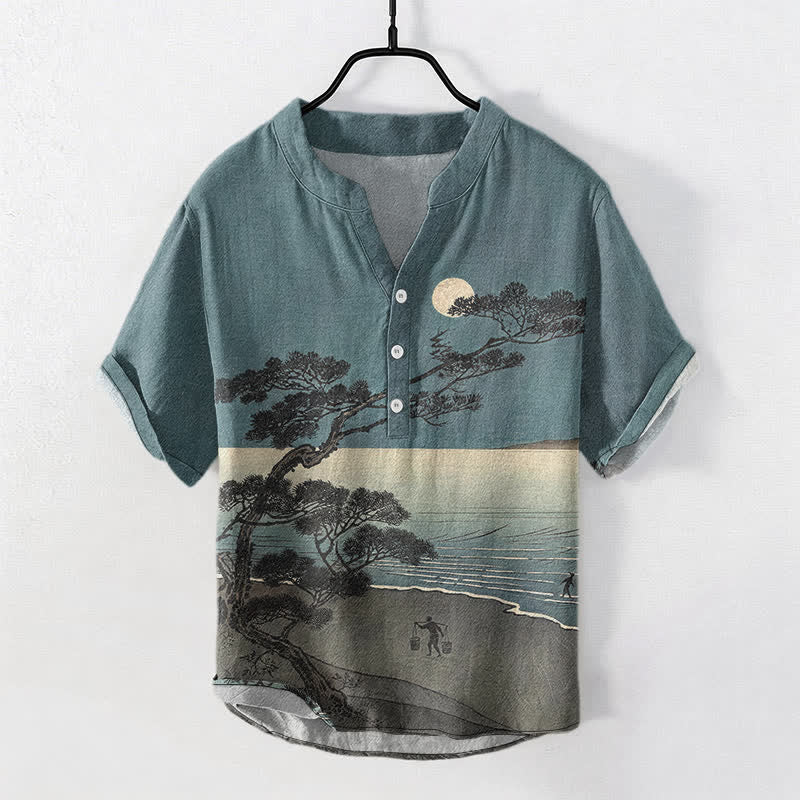 Buddha Stones Cotton Moonlit Coast Pine Pattern Men's Short Sleeve Half Button Shirt - CadetBlue - US/UK/AU50，EU60 (5XL) - image 0