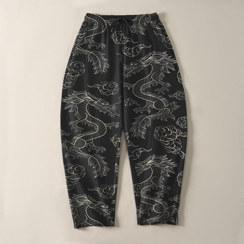 Buddha Stones Pure Cotton Oriental Dragon Cloud Pattern Drawstring Men's Tapered Pants With Pockets - image 9