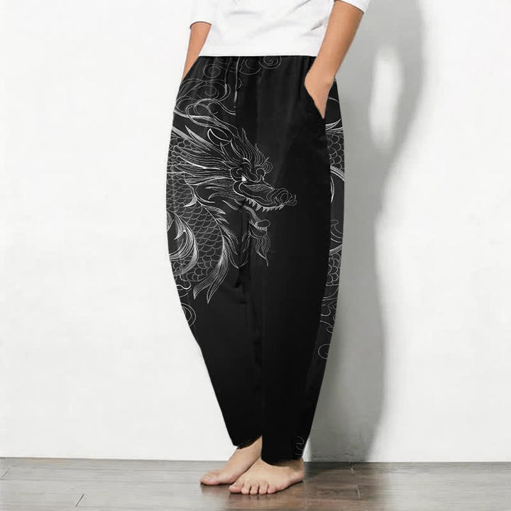 Buddha Stones Pure Cotton Dragon Line Art Pattern Drawstring Men's Tapered Pants With Pockets - image 1