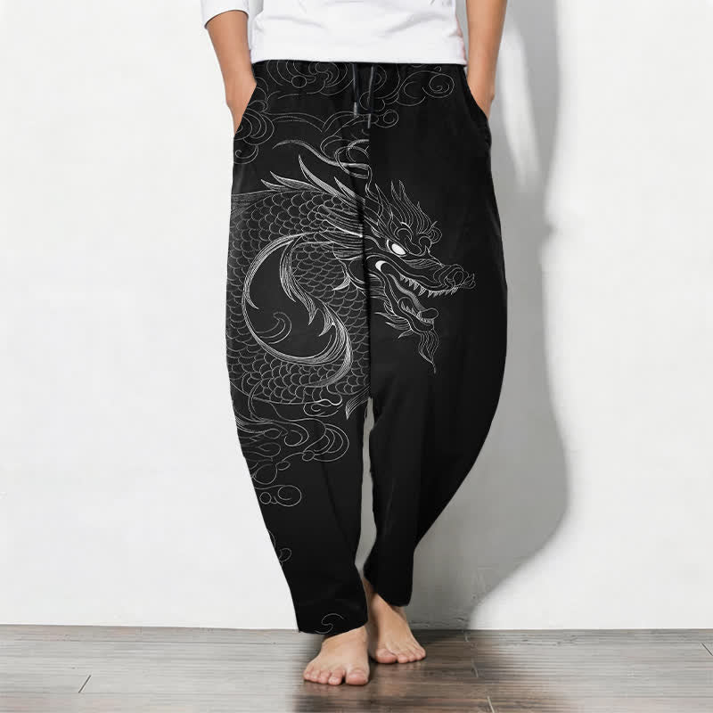 Buddha Stones Pure Cotton Dragon Line Art Pattern Drawstring Men's Tapered Pants With Pockets - Black - US/UK/AU50，EU60 (5XL) - image 0