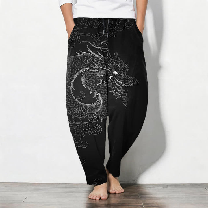 Buddha Stones Pure Cotton Dragon Line Art Pattern Drawstring Men's Tapered Pants With Pockets - Black - US/UK/AU50，EU60 (5XL) - image 0